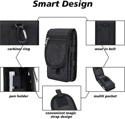 Rugged Phone Holster Belt Pouch For Large Smartphones, MOLLE Carry Case With Belt Clip, showcasing pockets and design features