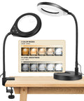 Gooseneck 2 In 1 Magnifying Glass With Light And Stand 10x And 5x Real Glass Lenses Hands Free Led Desk Lamp on a wooden table.