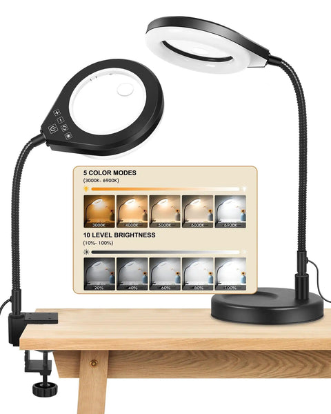Gooseneck 2 In 1 Magnifying Glass With Light And Stand 10x And 5x Real Glass Lenses Hands Free Led Desk Lamp on a wooden table.