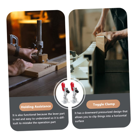 Two Pack Quick Toggle Clamps For Woodworking And Assembly Projects, Horizontal Push Downward Clamps in use on wooden boards