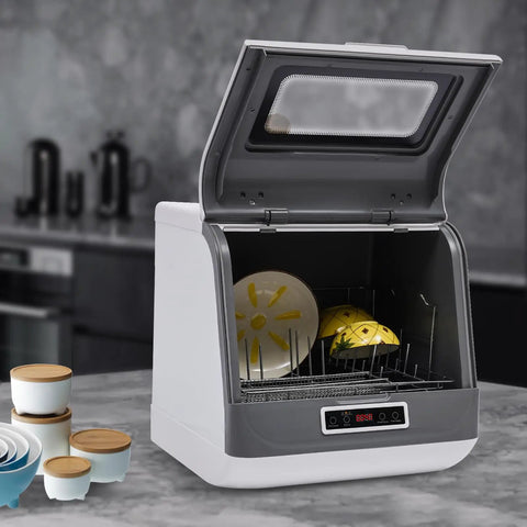 Compact Portable Countertop Dishwasher Featuring Three Wash Cycles And A Straight Up No Install Faucet Setup with open lid displaying dishes.