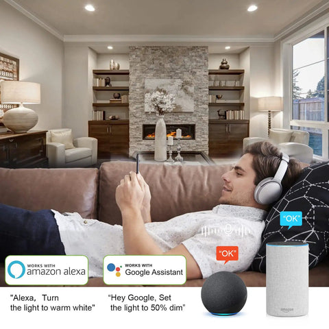 Man controlling Smart WiFi LED Recessed Downlight 6 Pack Five To Six Inch RGBW via Alexa and Google Assistant in living room