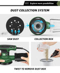 Dust collection system for Solid Heavy Duty Five Inch Random Orbital Sander, featuring saw dust removal and collection box.