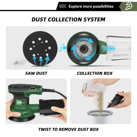 Dust collection system for Solid Heavy Duty Five Inch Random Orbital Sander, featuring saw dust removal and collection box.