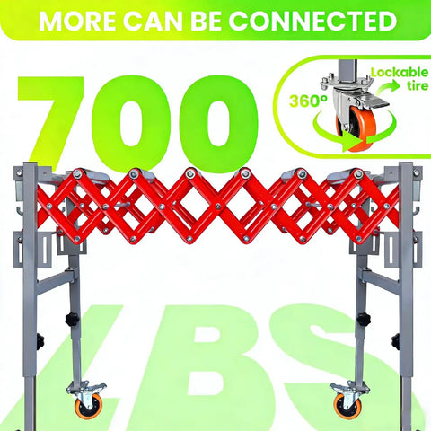 16 Inch Wide Conveyor Roller Stand With Wheels For Infeed And Outfeed Expandable Folding Conveyor Belt With 700 Pound Capacity Built Tough And Rust Resistant Perfect For Table Saws Red, showing red expandable rollers and 700 lbs capacity.