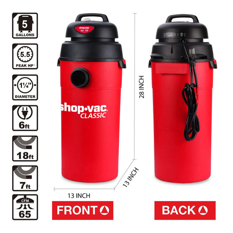 Image showing front and back of 5 Gallon Wet Dry Vacuum With 5.5 Peak HP, Wall Mountable Shop Vacuum For Garage Car And Workshop.