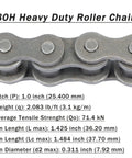 Close-up of Beefed Up Heavy Duty 80H Roller Chain with specs, carbon steel, 10 ft length, ANSI No 80H, heat treated for industrial use