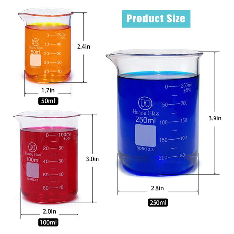 3 Piece Glass Beaker Set Lab Gear With 50ml 100ml 250ml Low Form Borosilicate 3.3 Lab Grade Beakers Featuring Double Scale