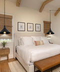 Heavy Duty Black Plug In Pendant Lights 2 Pack Industrial Hanging Lamps With 15 Foot Adjustable Cord And Switch over a cozy bed.