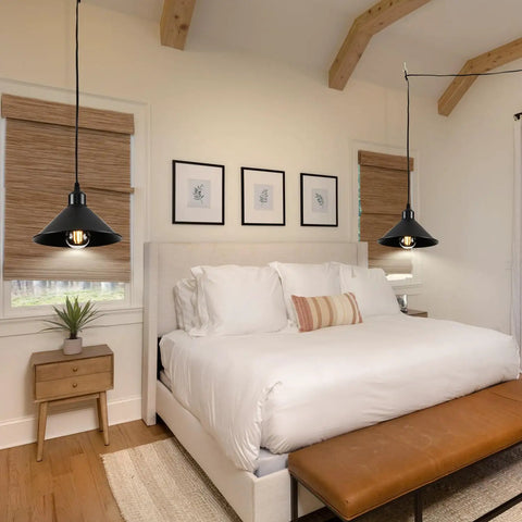 Heavy Duty Black Plug In Pendant Lights 2 Pack Industrial Hanging Lamps With 15 Foot Adjustable Cord And Switch over a cozy bed.
