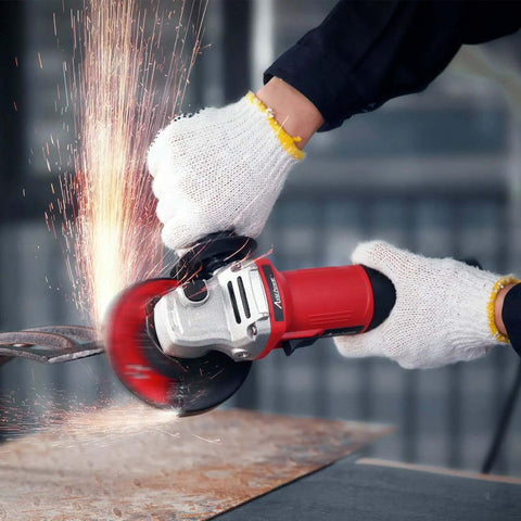 Premium Heavy Duty 4 1/2 Inch Angle Grinder With A Badass 7.5 Amp Motor cutting metal with sparks flying.