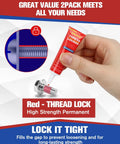 2 Pack Red Thread Locker High Strength 6ml Each for Nuts Bolts and Metal Fasteners Anaerobic Cure, shown applied to bolt
