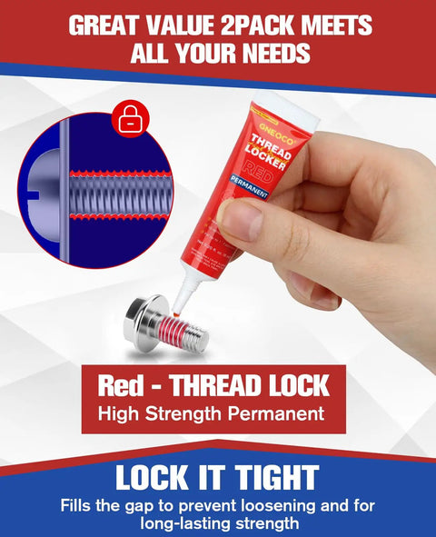 2 Pack Red Thread Locker High Strength 6ml Each for Nuts Bolts and Metal Fasteners Anaerobic Cure, shown applied to bolt