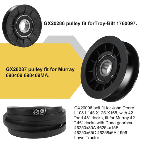 Idler Pulley And Drive Belt Kit For Mower Decks, GX20006 GX20286 GX20287, OEM Replacement, Troy-Bilt Murray compatibility