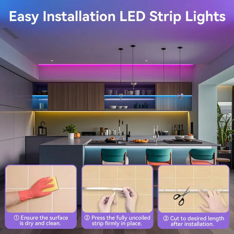 Installation steps for 50ft USB Powered RGB LED Strip Lights For Bedroom And Gaming Setup, showing clean surface, placement, and cutting.