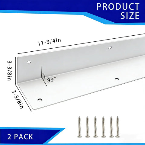 Tough As Nails Double Pack White Stainless Steel Corner Guards 3 3/8 X 3 3/8 X 11 3/4 Inches showing dimensions and screws for installation.