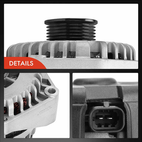 Close-up views of Alternator Replacement for Chevy Silverado 1500 2005 2006 with connector and pulley details.