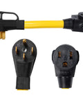 Top Notch Nema 14-50P To 6-50R Power Adapter For 240V 50Amp Generators Welders And Car Chargers, showcasing prongs and yellow cable.