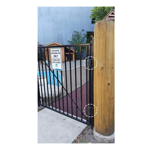 Heavy Duty Self-Closing Gate Hinges With Adjustable Tension For High Traffic Gates And Pool Fences Gloss Black Covers installed on pool gate