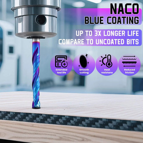 Nano blue coated up and down cut compression bit for CNC router, one eighth inch shank and spiral cutting diameter, installed