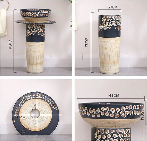 UYTROPLK Ceramic Bathroom Sink Retro Industrial Style Pedestal Ceramics Basin with floral design, 81cm tall, countertop washbasin.