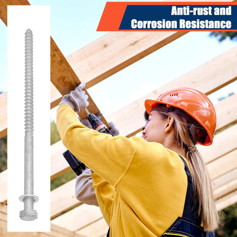Heavy Duty Wood Lag Bolts Kit With Washers 40 Pack Half Inch By Ten Inch Hot Dip Galvanized Hex Lag Screws for Decks and Fences Tandefio A Sturdy Exterior Construction Fastener Set For Outdoor Wood Projects shown next to a worker installing beams.