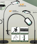 5X Rectangular Magnifying Floor Lamp With 24-Inch Flexible Gooseneck showing adjustable features and clamp, white finish