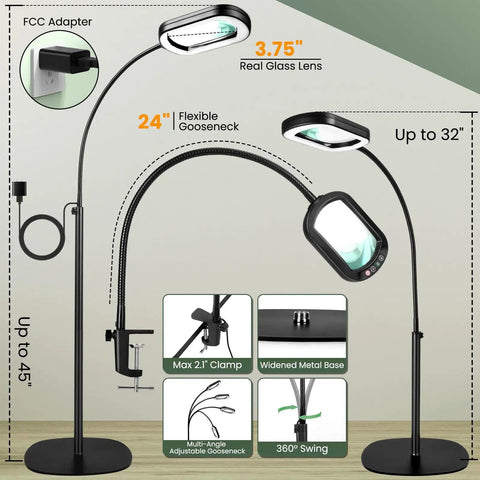 5X Rectangular Magnifying Floor Lamp With 24-Inch Flexible Gooseneck showing adjustable features and clamp, white finish