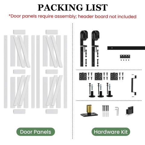 Game Changing 30 Inch Bifold Barn Doors With 34 Inch Hardware Kit Included, showing door panels and hardware kit for assembly.