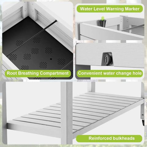 Elevated Raised Garden Bed With Locking Wheels, resin planter with water monitor, drain plug, and root compartment details