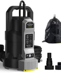 Auto Sump Pump With Half HP Submersible Motor 2500 GPH Capacity Auto Manual Mode Mesh Bag Universal Hose Adapters Black