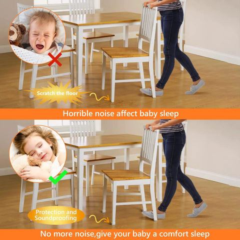 Woman using Square Chair Leg Floor Protectors 36 Pack, Silicone Chair Leg Covers and Felt Pads for Hardwood Floors, Scratch Prevention for Wood Floors, Small to Large Sizes, Clear to protect floors and ensure quiet movement near dining table.