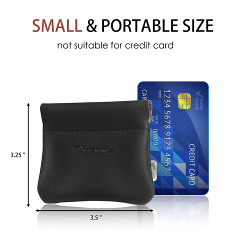 Smooth Vintage Black Leather Squeeze Coin Purse With Heavy Duty Spring Frame, Super Compact Change Holder And Cash Pocket For Hassle Free Everyday Carry By Men And Women, size 3.5x3.25 inches.