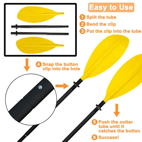 Instructional diagram for assembling yellow paddle with button clip feature