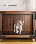 Small dog in wooden pet cage with metal bars, interior setup