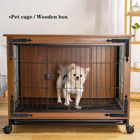 Small dog in wooden pet cage with metal bars, interior setup