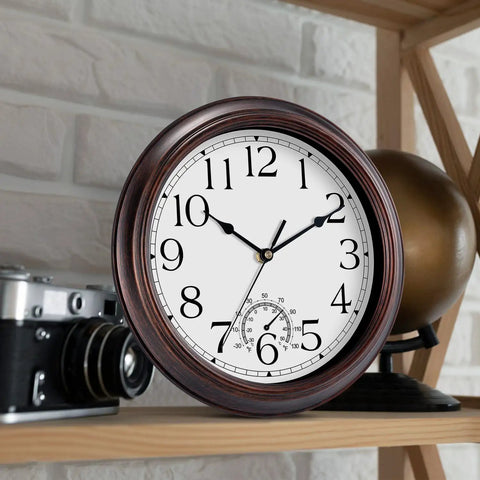 Vintage Bronze 8.5 Inch Outdoor Wall Clock With Thermometer Silent Battery Operated Retro Vibes Non Tick Clock on shelf