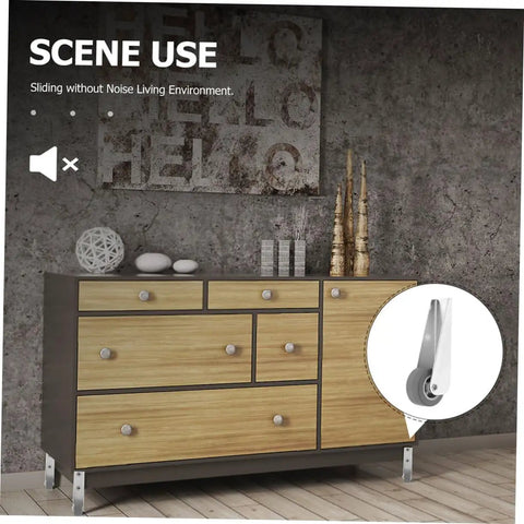 2 Pack Heavy Duty Barn Door Rollers Built Tough For Dead Silent Gliding, shown on a modern cabinet with wood and metal elements.