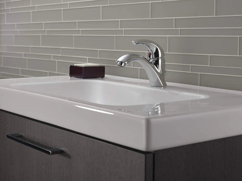 Classic Single Hole Chrome Bathroom Faucet With One Handle on a modern vanity, showing 1 Hole or 3 Hole Sink compatibility
