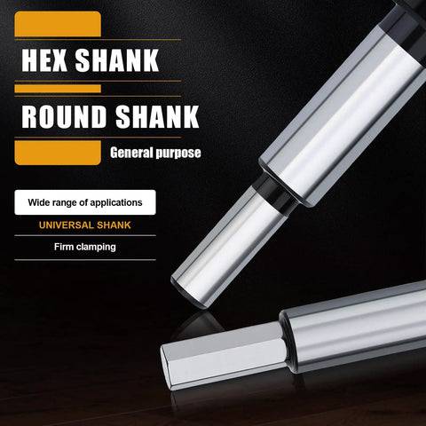 Close-up of hex and round shank design, showcasing universal shank for Top Tier 5 Piece Carbide Tipped Forstner Drill Bit Set.