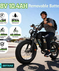 Man riding R7 Electric Bike For Adults With 750W Motor Top Speed 25 MPH Up To 50 Mile Range Per Charge 20 Inch Fat Tires UL Certified