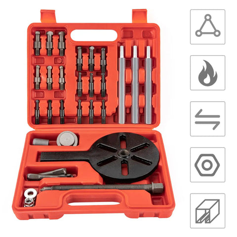Killer 21 In 1 Bearing Puller Kit Heavy Duty Bearing Removal Tool Quenched Steel For Auto Repair Versatile Grip Gear Tie Rods Multifunction Disk Ready To Bust Through Stubborn Bolts Safely Nailed For Mechanics Want Badass Results In Garage Today. red case with bearing puller kit parts and black puller plate