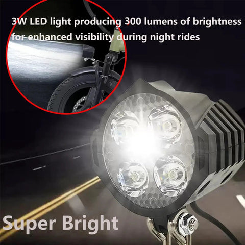 LED Headlight With Horn For Electric Bicycles And E Scooters Waterproof 3 Pin Female Connector 36V 48V Compatible 4 Beads High Output Front Light Replacement For Bike With 15 Inch Wire