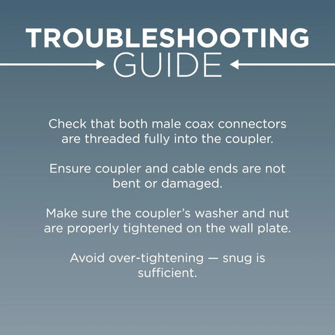 Troubleshooting guide for Hassle Free Dead Simple Coaxial Cable Connector Kit With Nuts And Washers Rock Solid F81 Barrel Couplers.