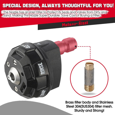6 In 1 Pressure Washer Nozzle Tips With Quick Change showing design details, including brass filter body and stainless steel mesh.