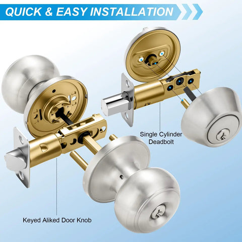 Diagram of 4 Pack Exterior Door Lock Set With Satin Nickel Knobs And Deadbolts, featuring keyed alike entry and installation details.