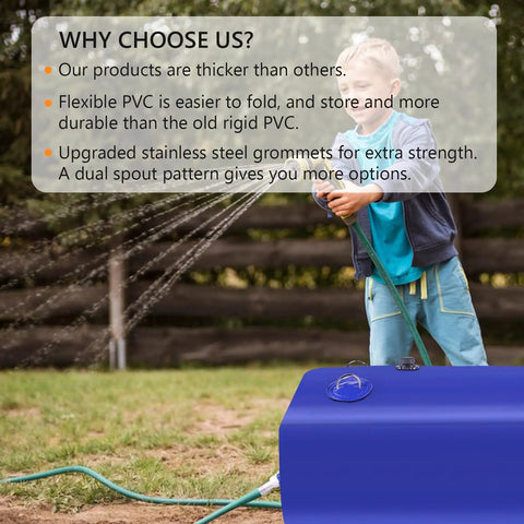 Child using 30 Gallon Water Storage Bladder Foldable Portable Tank With Three Quarter Inch Spigot And Hose Kit in garden