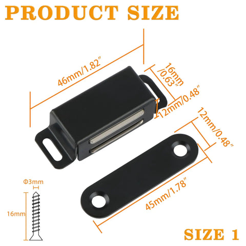 Stainless Steel Black Magnetic Cabinet Door Catch Set 4 Pack Magnetic Door Latches For Cabinets Closets Cupboards Drawers And Kitchen Rust Resistant Easy Install Sturdy Strong Hold No Frills with dimensions displayed