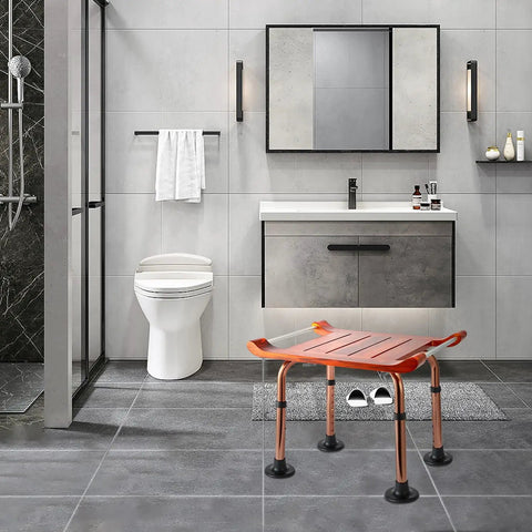 No Slip Teak Shower Bench With Adjustable Height For Indoor Shower Bath And Sauna, Elderly And Disabled Friendly With Aluminum Handrail in bathroom