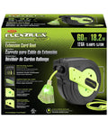 Image of Retractable Extension Cord Reel With 60 Foot 12/3 AWG SJTOW Beefy Heavy Duty Cord, Grounded Triple Tap Outlet, Resettable Circuit Breaker, Self Leveling System, ZillaGreen, Oil And Water Resistant For Cold Weather Use, Model FZ8120603 box with product display.